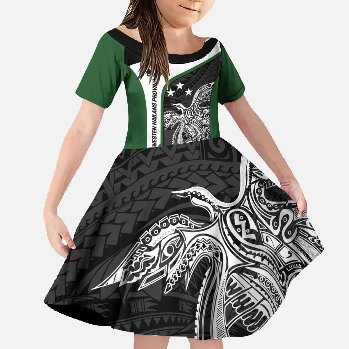 Personalised PNG Western Highlands Province Family Matching Off The Shoulder Long Sleeve Dress and Hawaiian Shirt Bird of Paradise Tattoo Flag Motif LT9 Daughter's Dress Green - Polynesian Pride