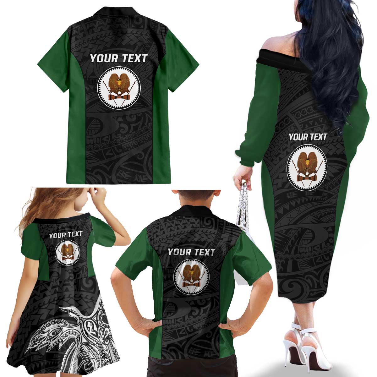 Personalised PNG Western Highlands Province Family Matching Off The Shoulder Long Sleeve Dress and Hawaiian Shirt Bird of Paradise Tattoo Flag Motif LT9 - Polynesian Pride