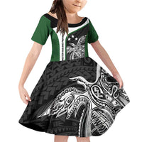 Personalised PNG Western Highlands Province Family Matching Off Shoulder Short Dress and Hawaiian Shirt Bird of Paradise Tattoo Flag Motif LT9 Daughter's Dress Green - Polynesian Pride