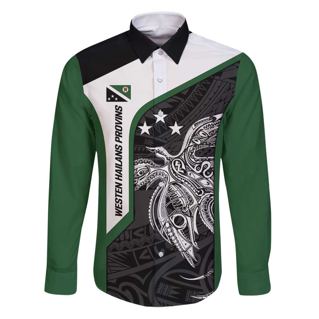 Personalised PNG Western Highlands Province Family Matching Puletasi and Hawaiian Shirt Bird of Paradise Tattoo Flag Motif LT9 Dad's Shirt - Long Sleeve Green - Polynesian Pride