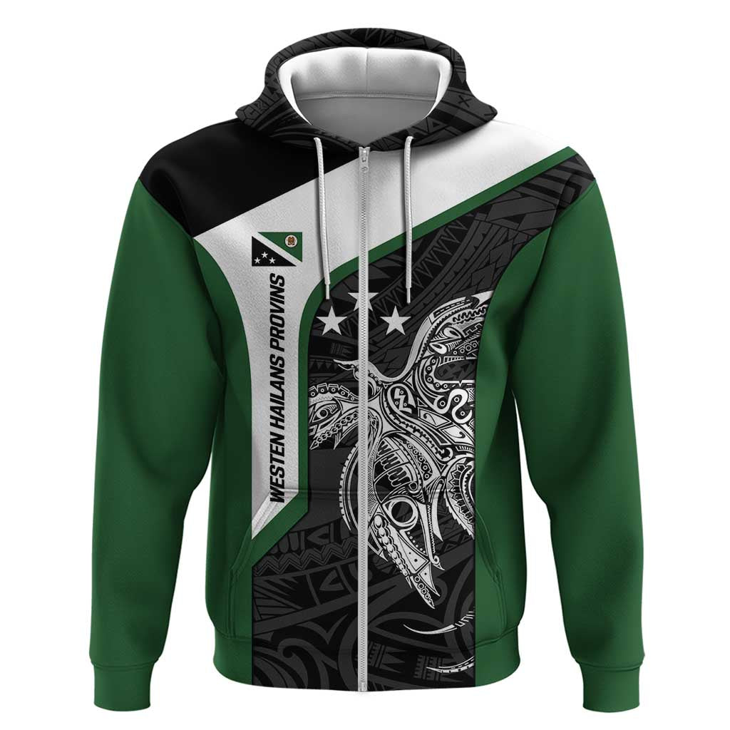 Personalised PNG Western Highlands Province Hoodie Bird of Paradise Tattoo Flag Motif LT9 Zip Hoodie Green - Polynesian Pride