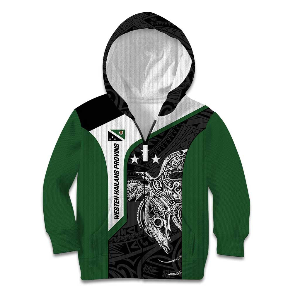 Personalised PNG Western Highlands Province Kid Hoodie Bird of Paradise Tattoo Flag Motif LT9 Zip Hoodie Green - Polynesian Pride