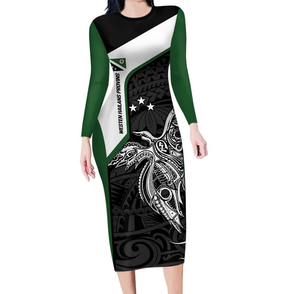 Personalised PNG Western Highlands Province Long Sleeve Bodycon Dress Bird of Paradise Tattoo Flag Motif LT9 Long Dress Green - Polynesian Pride
