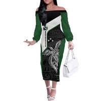 Personalised PNG Western Highlands Province Off The Shoulder Long Sleeve Dress Bird of Paradise Tattoo Flag Motif LT9 Women Green - Polynesian Pride