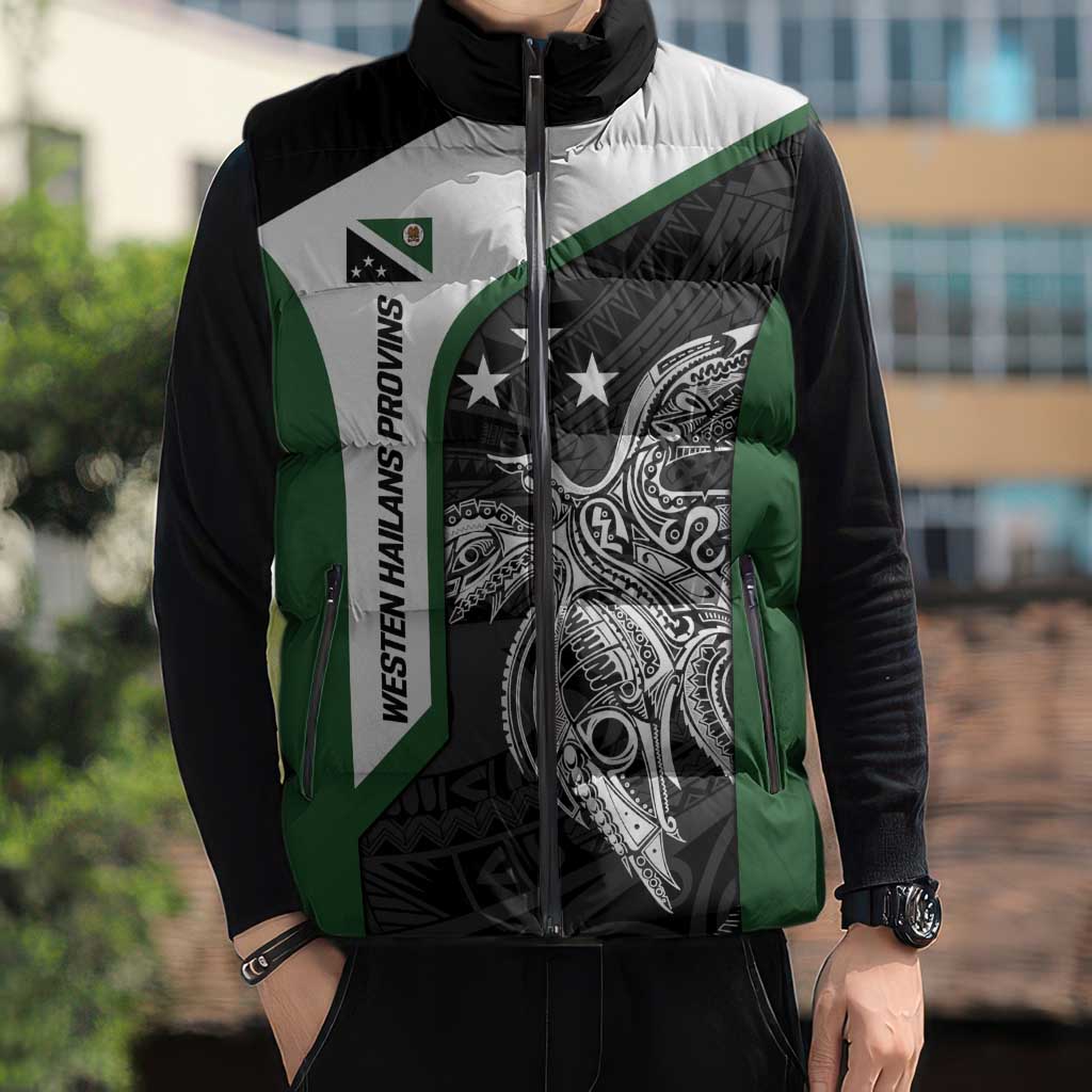 Personalised PNG Western Highlands Province Sleeveless Puffer Jacket Bird of Paradise Tattoo Flag Motif LT9 - Polynesian Pride