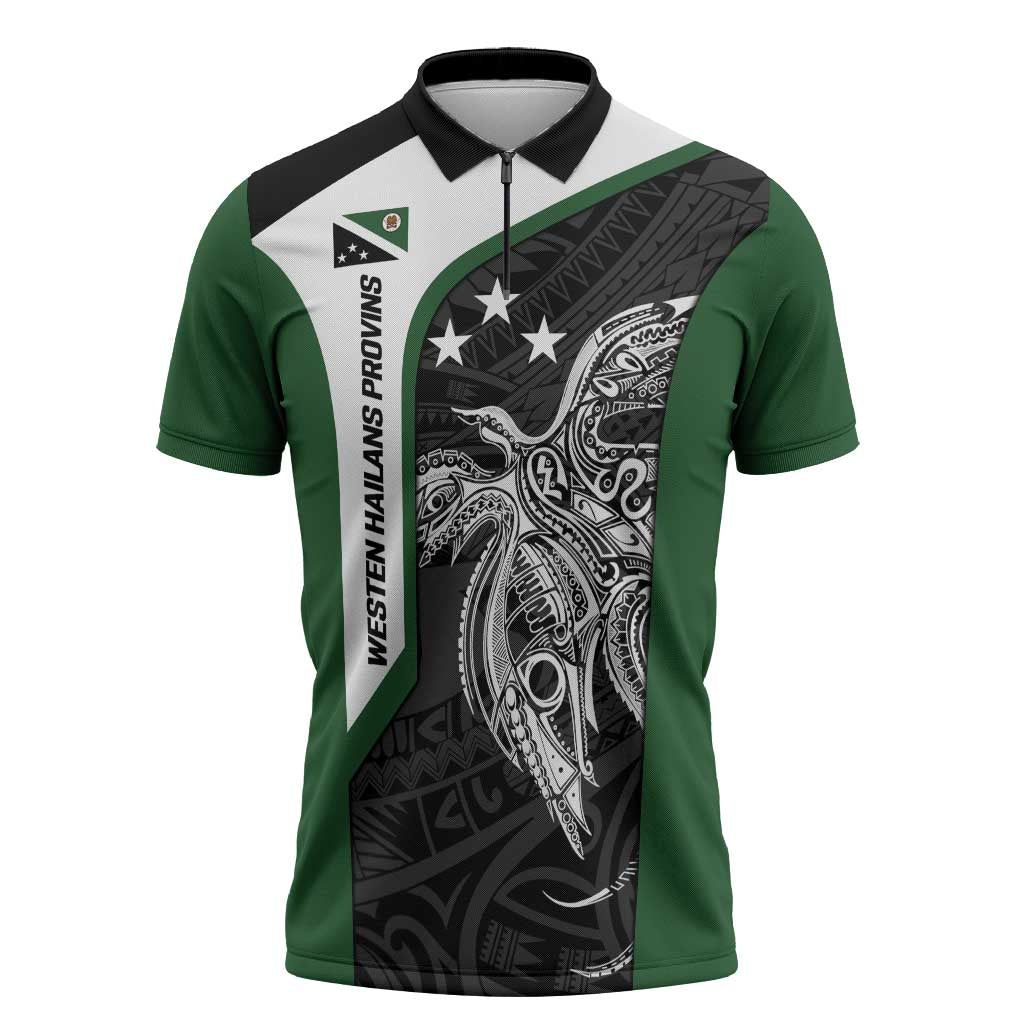 Personalised PNG Western Highlands Province Zipper Polo Shirt Bird of Paradise Tattoo Flag Motif LT9 Green - Polynesian Pride