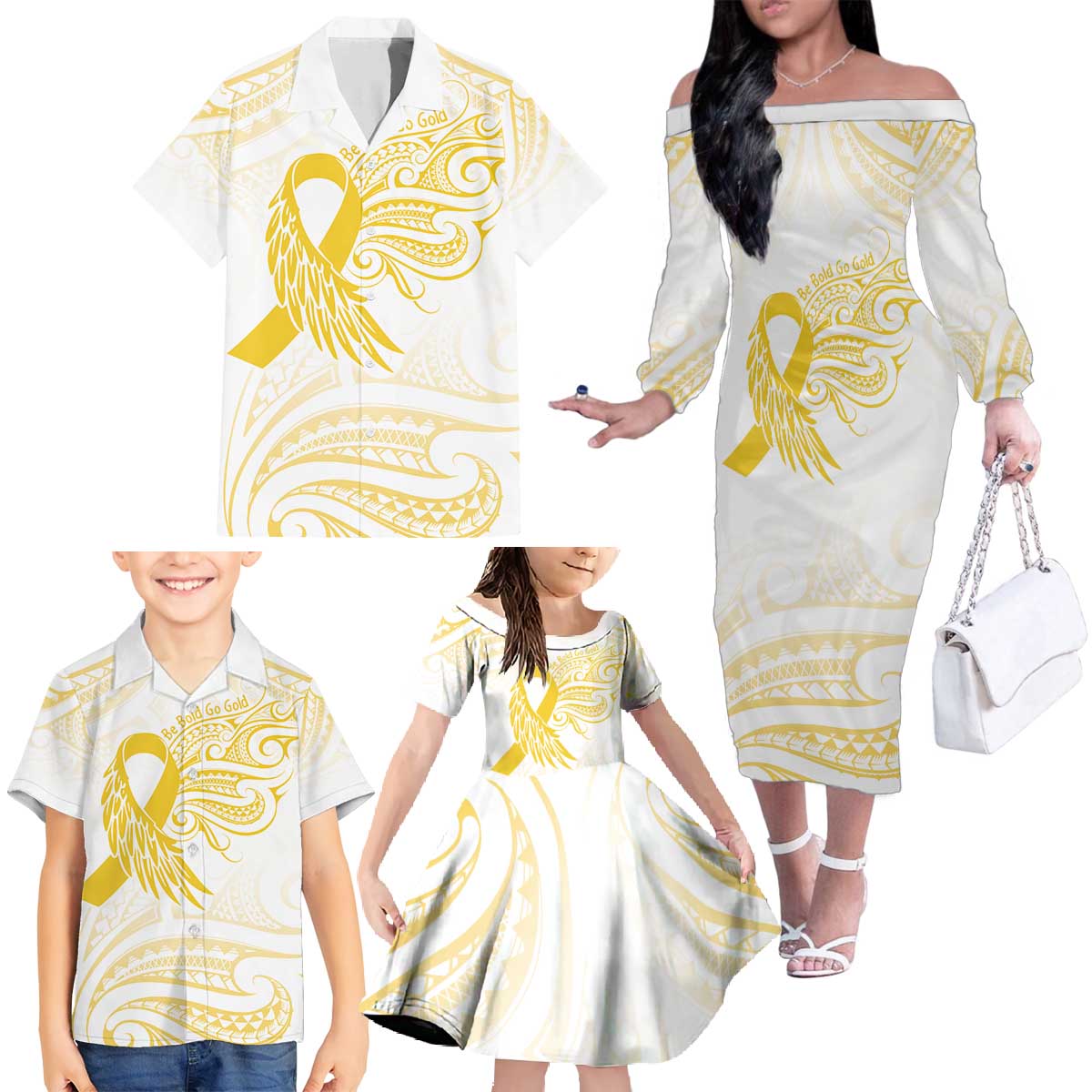Be Bold Go Gold Polyneisan Ribbon Childhood Personalised Family Matching Off The Shoulder Long Sleeve Dress and Hawaiian Shirt LT9 - Polynesian Pride