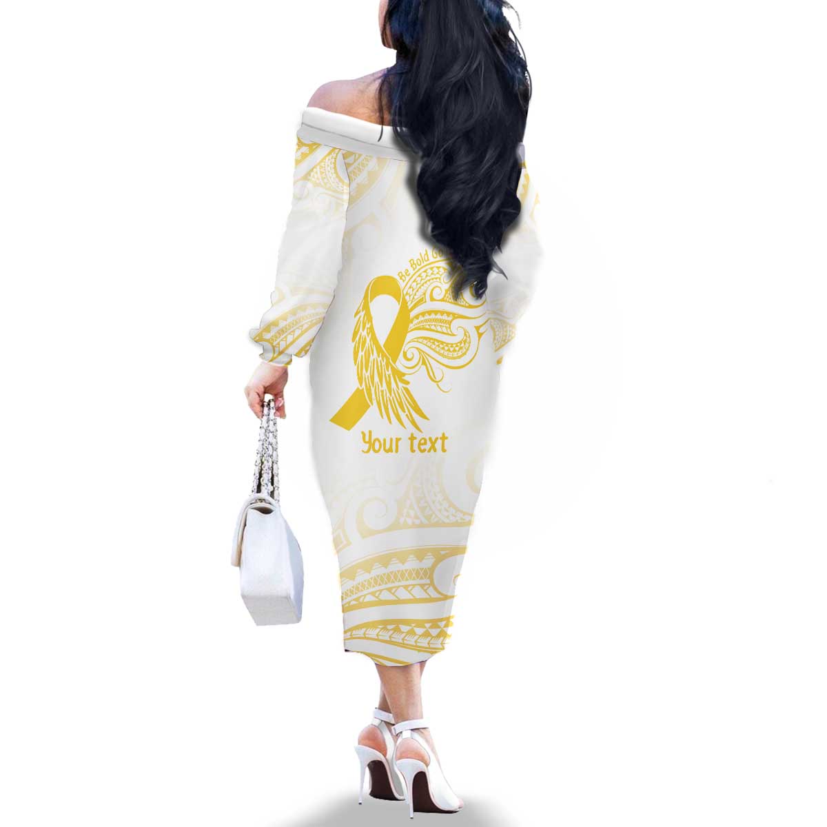 Be Bold Go Gold Polyneisan Ribbon Childhood Personalised Family Matching Off The Shoulder Long Sleeve Dress and Hawaiian Shirt LT9 - Polynesian Pride