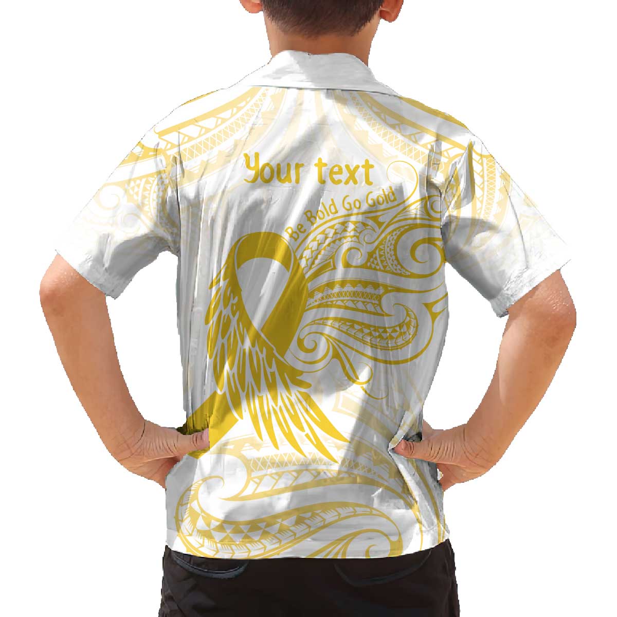 Be Bold Go Gold Polyneisan Ribbon Childhood Personalised Family Matching Off Shoulder Short Dress and Hawaiian Shirt LT9 - Polynesian Pride