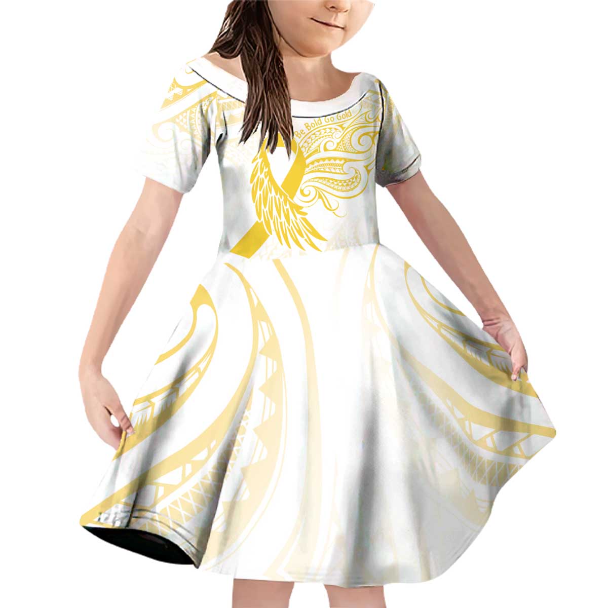 Be Bold Go Gold Polyneisan Ribbon Childhood Personalised Family Matching Off Shoulder Short Dress and Hawaiian Shirt LT9 Daughter's Dress Gold - Polynesian Pride