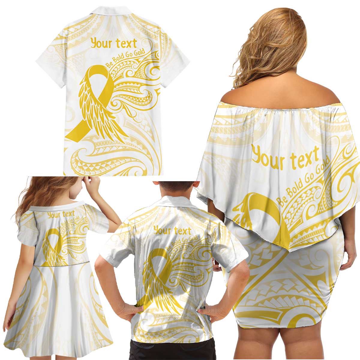 Be Bold Go Gold Polyneisan Ribbon Childhood Personalised Family Matching Off Shoulder Short Dress and Hawaiian Shirt LT9 - Polynesian Pride