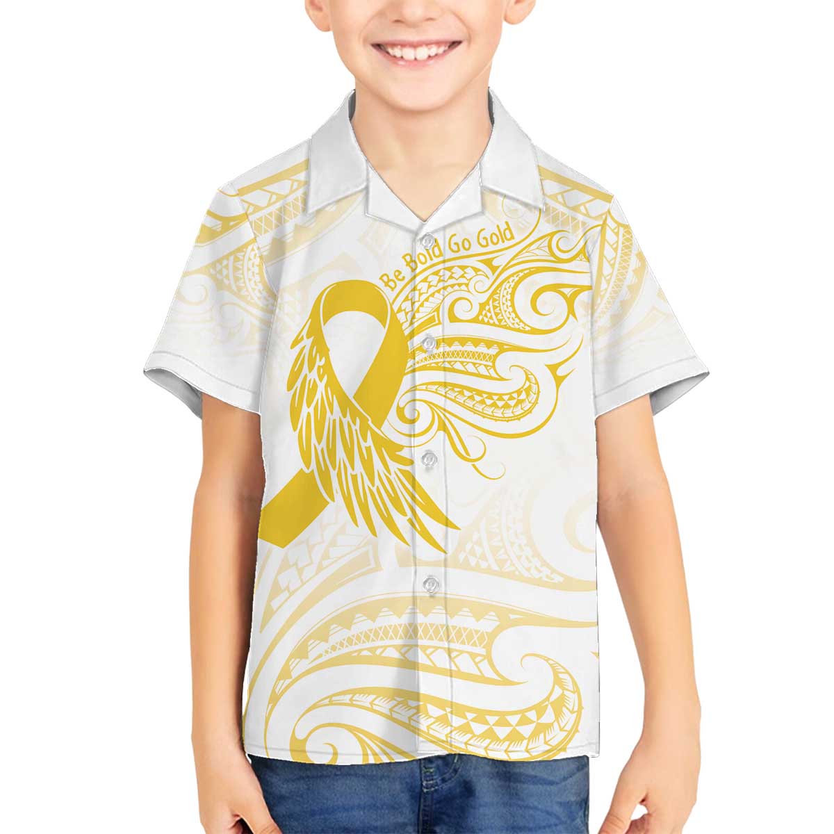Be Bold Go Gold Polyneisan Ribbon Childhood Personalised Family Matching Off Shoulder Short Dress and Hawaiian Shirt LT9 Son's Shirt Gold - Polynesian Pride