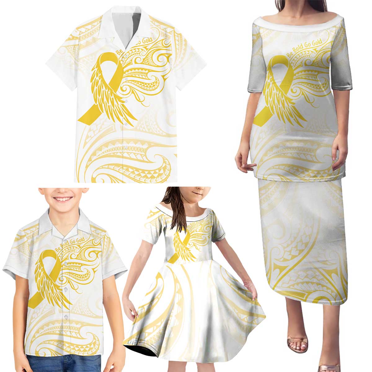 Be Bold Go Gold Polyneisan Ribbon Childhood Personalised Family Matching Puletasi and Hawaiian Shirt LT9 - Polynesian Pride