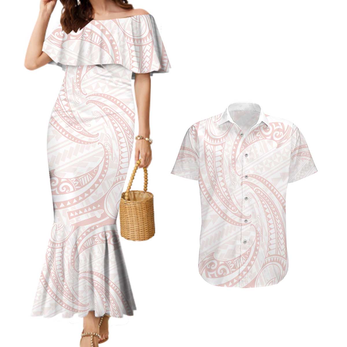White Sunday Lotu Tamaiti Couples Matching Mermaid Dress and Hawaiian Shirt Polynesian Wave Pastel Blush LT9 Blush - Polynesian Pride
