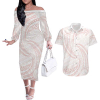 White Sunday Lotu Tamaiti Couples Matching Off The Shoulder Long Sleeve Dress and Hawaiian Shirt Polynesian Wave Pastel Blush LT9 Blush - Polynesian Pride