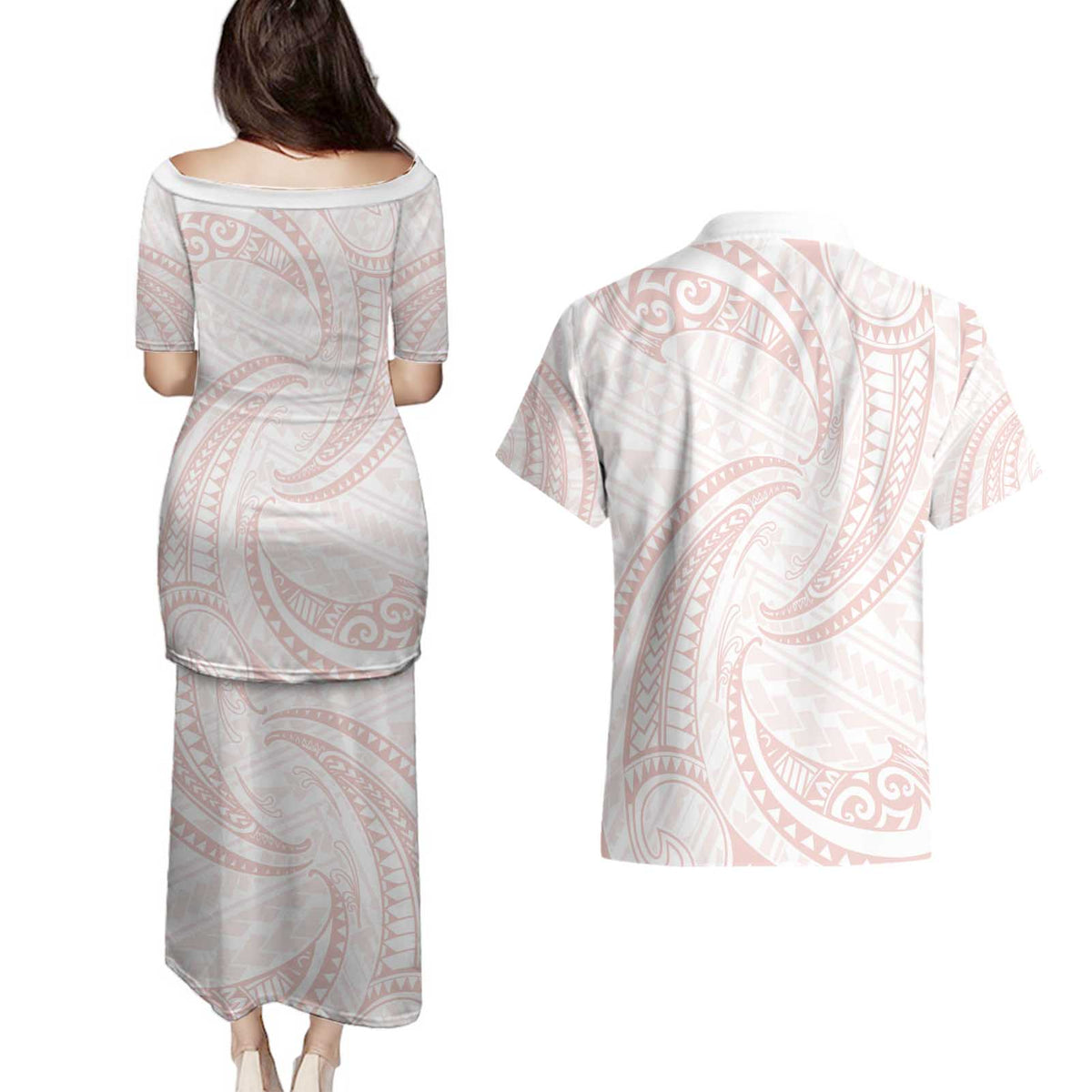 White Sunday Lotu Tamaiti Couples Matching Puletasi and Hawaiian Shirt Polynesian Wave Pastel Blush - Polynesian Pride