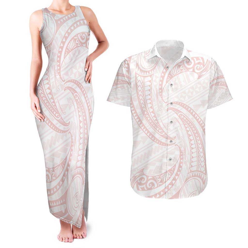 White Sunday Lotu Tamaiti Couples Matching Tank Maxi Dress and Hawaiian Shirt Polynesian Wave Pastel Blush LT9 Blush - Polynesian Pride