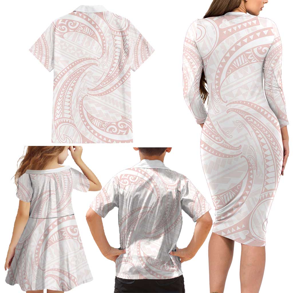 White Sunday Lotu Tamaiti Family Matching Long Sleeve Bodycon Dress and Hawaiian Shirt Polynesian Wave Pastel Blush LT9 - Polynesian Pride