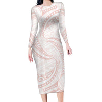 White Sunday Lotu Tamaiti Family Matching Long Sleeve Bodycon Dress and Hawaiian Shirt Polynesian Wave Pastel Blush LT9 Mom's Dress Blush - Polynesian Pride