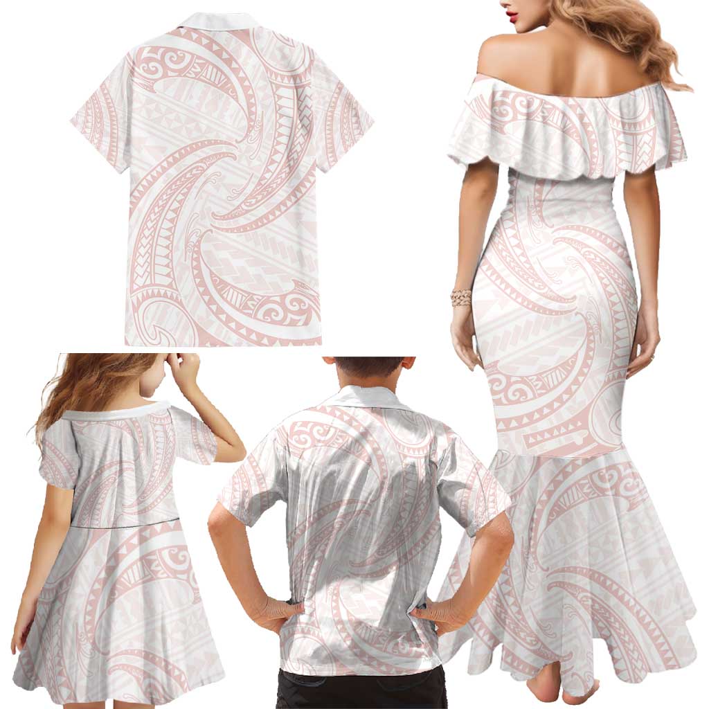 White Sunday Lotu Tamaiti Family Matching Mermaid Dress and Hawaiian Shirt Polynesian Wave Pastel Blush LT9 - Polynesian Pride