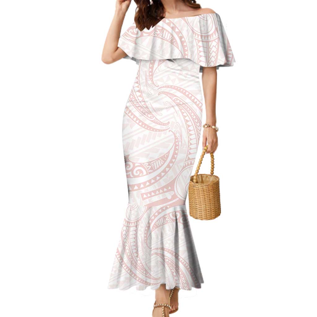 White Sunday Lotu Tamaiti Family Matching Mermaid Dress and Hawaiian Shirt Polynesian Wave Pastel Blush LT9 Mom's Dress Blush - Polynesian Pride