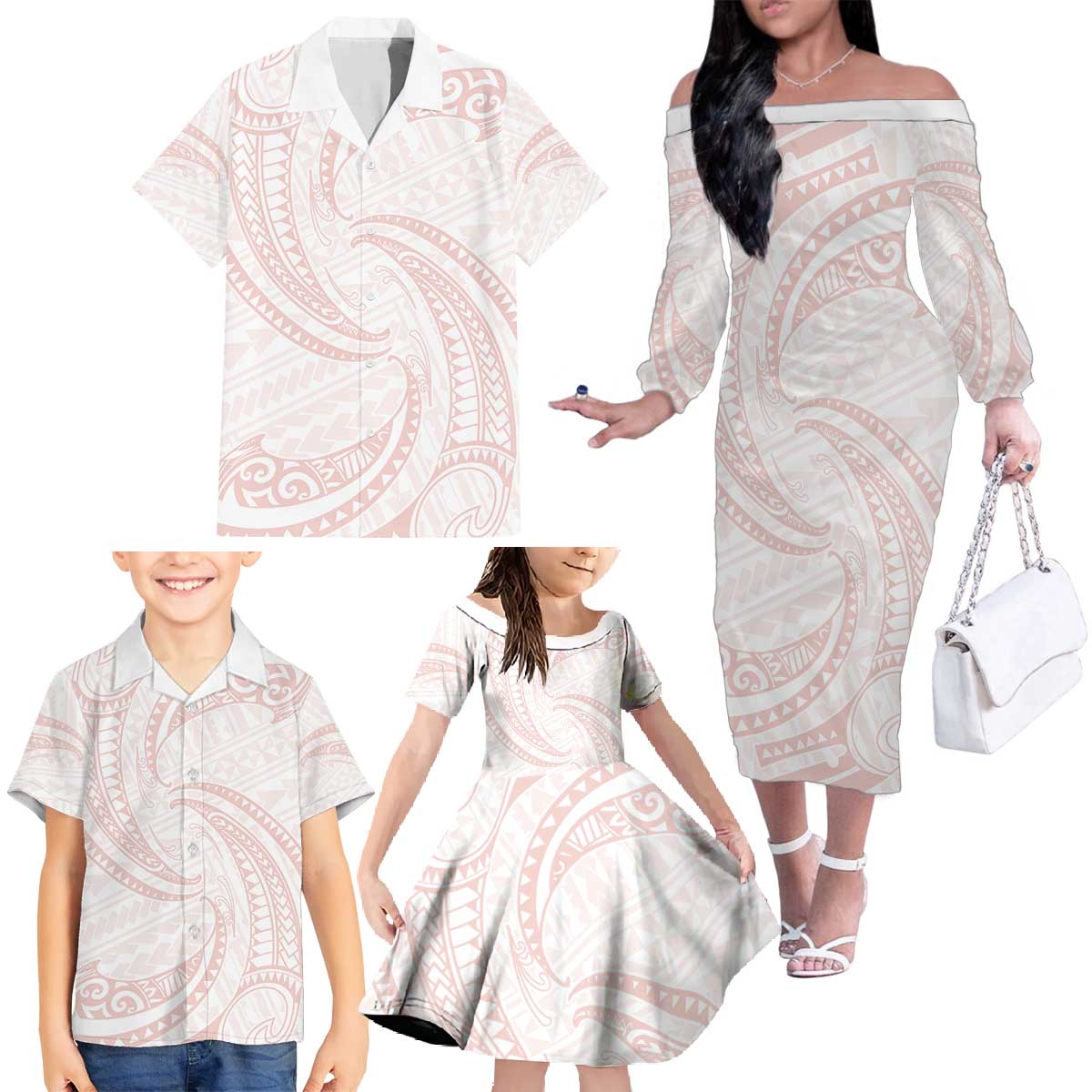 White Sunday Lotu Tamaiti Family Matching Off The Shoulder Long Sleeve Dress and Hawaiian Shirt Polynesian Wave Pastel Blush LT9 - Polynesian Pride