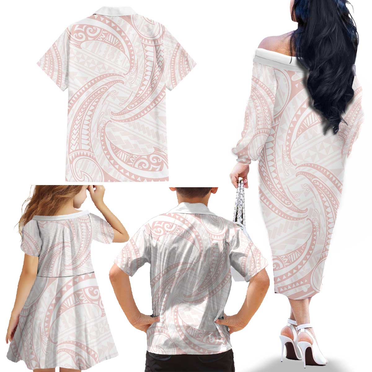 White Sunday Lotu Tamaiti Family Matching Off The Shoulder Long Sleeve Dress and Hawaiian Shirt Polynesian Wave Pastel Blush LT9 - Polynesian Pride