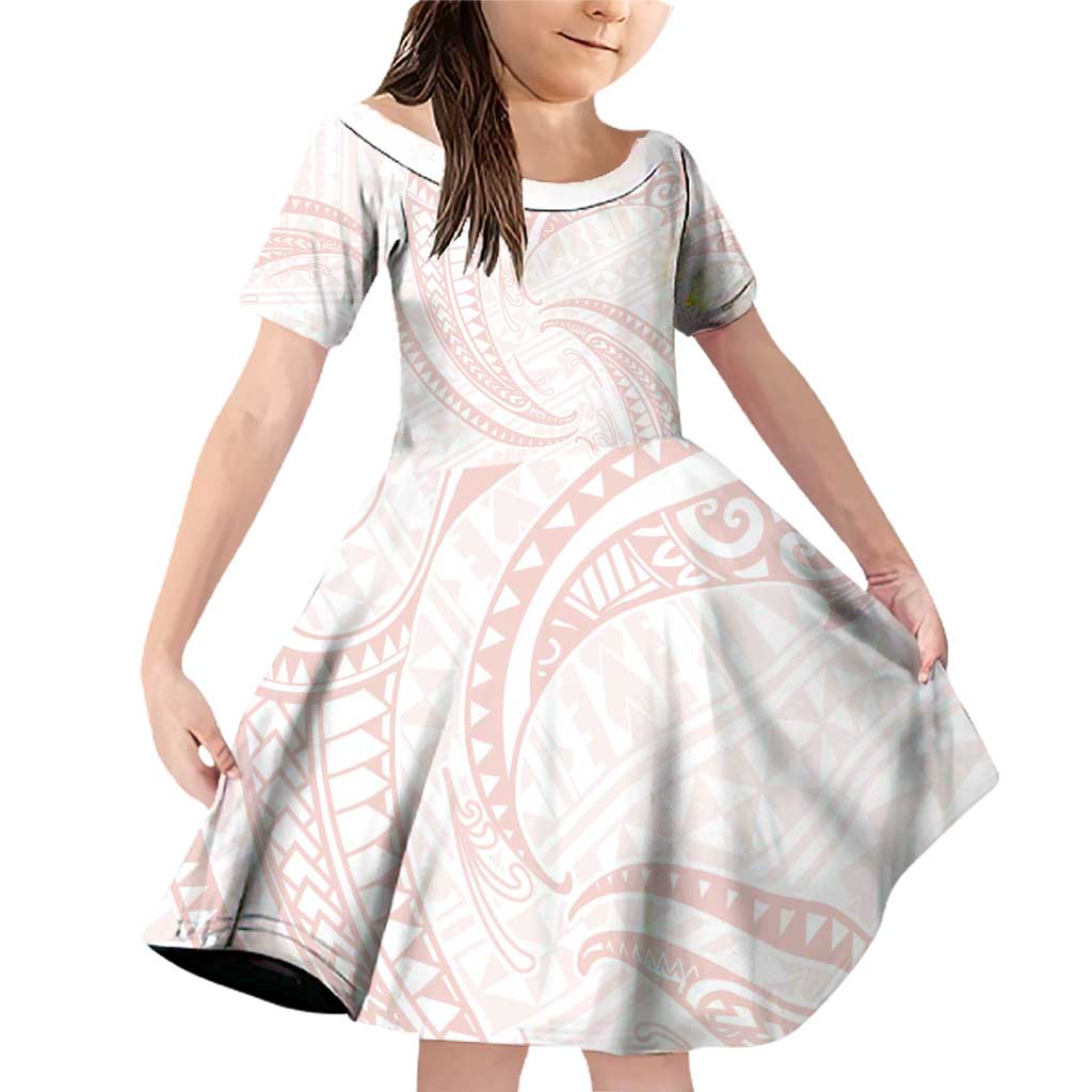 White Sunday Lotu Tamaiti Family Matching Off Shoulder Short Dress and Hawaiian Shirt Polynesian Wave Pastel Blush LT9 Daughter's Dress Blush - Polynesian Pride