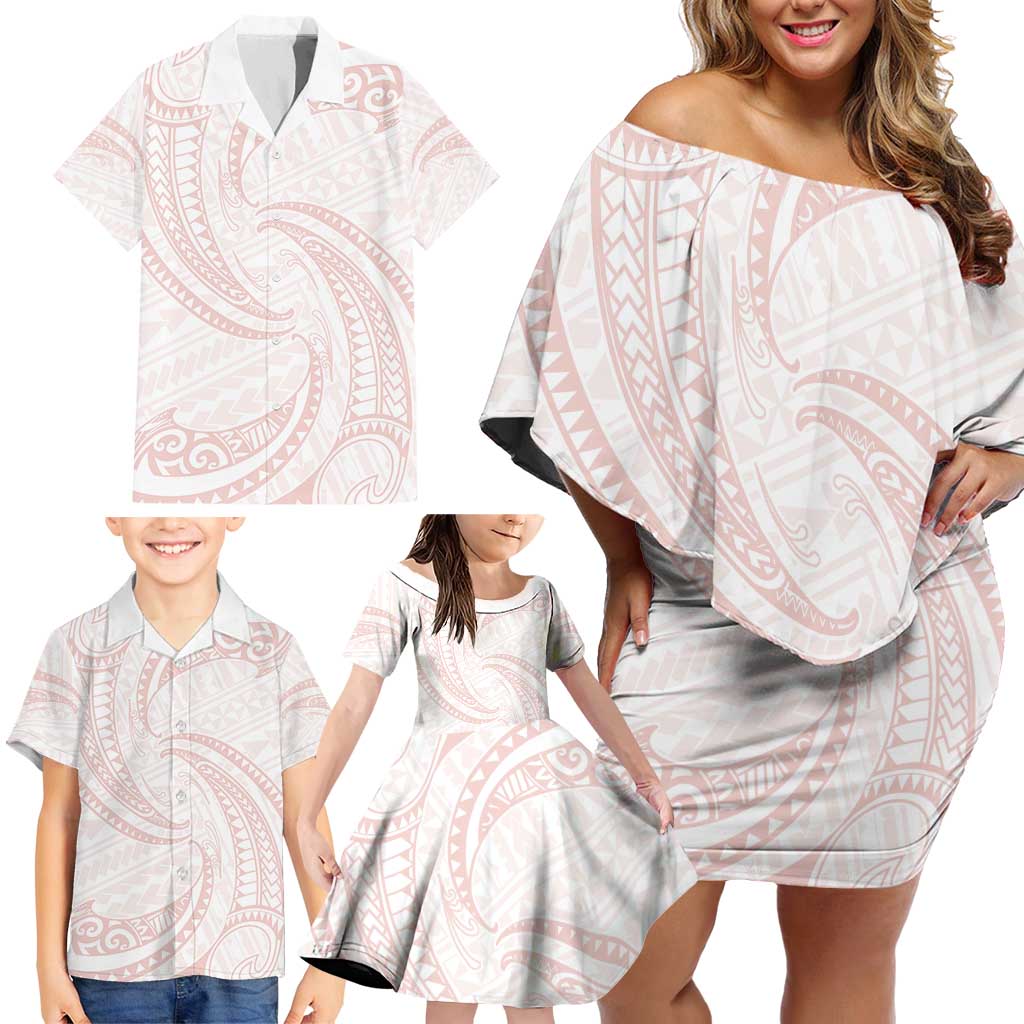 White Sunday Lotu Tamaiti Family Matching Off Shoulder Short Dress and Hawaiian Shirt Polynesian Wave Pastel Blush LT9 - Polynesian Pride