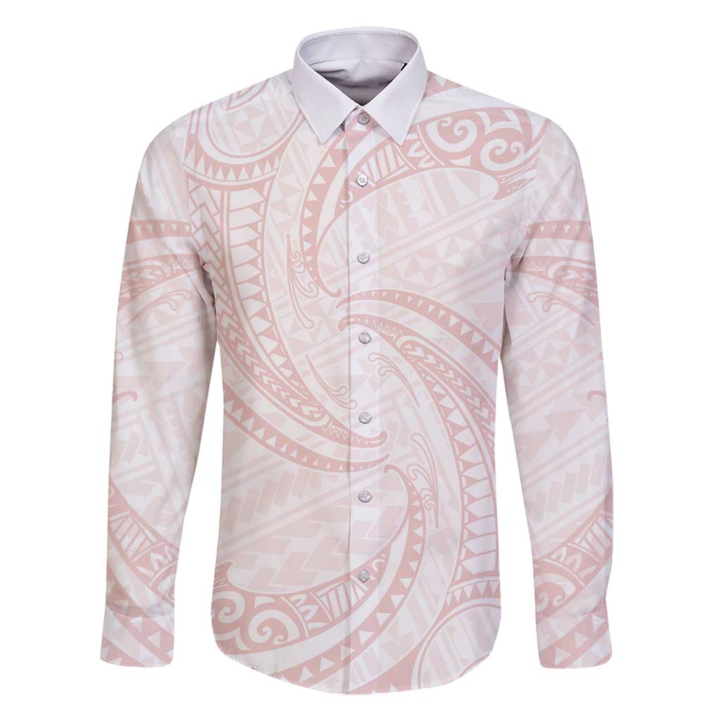 White Sunday Lotu Tamaiti Family Matching Off Shoulder Short Dress and Hawaiian Shirt Polynesian Wave Pastel Blush LT9 Dad's Shirt - Long Sleeve Blush - Polynesian Pride