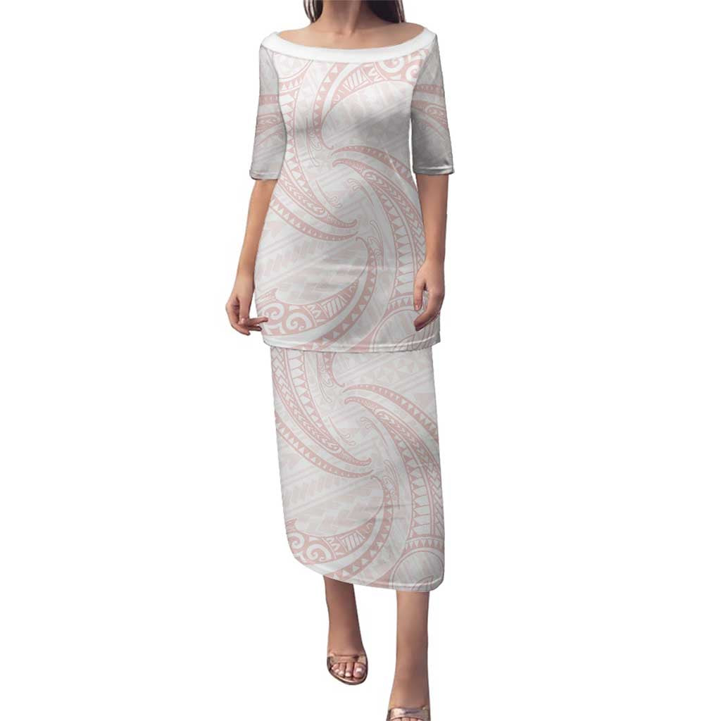 White Sunday Lotu Tamaiti Family Matching Puletasi and Hawaiian Shirt Polynesian Wave Pastel Blush LT9 Mom's Dress Blush - Polynesian Pride