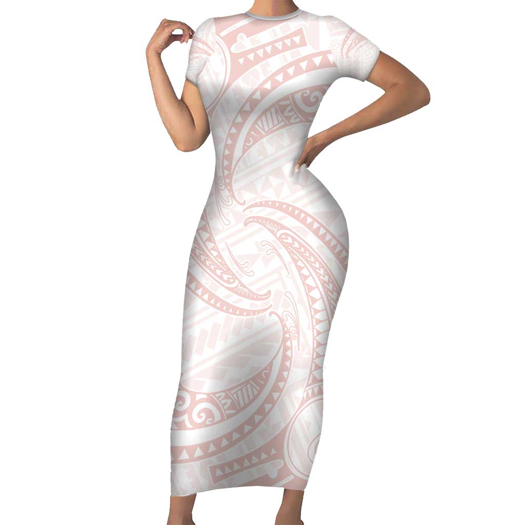 White Sunday Lotu Tamaiti Family Matching Short Sleeve Bodycon Dress and Hawaiian Shirt Polynesian Wave Pastel Blush LT9 Mom's Dress Blush - Polynesian Pride
