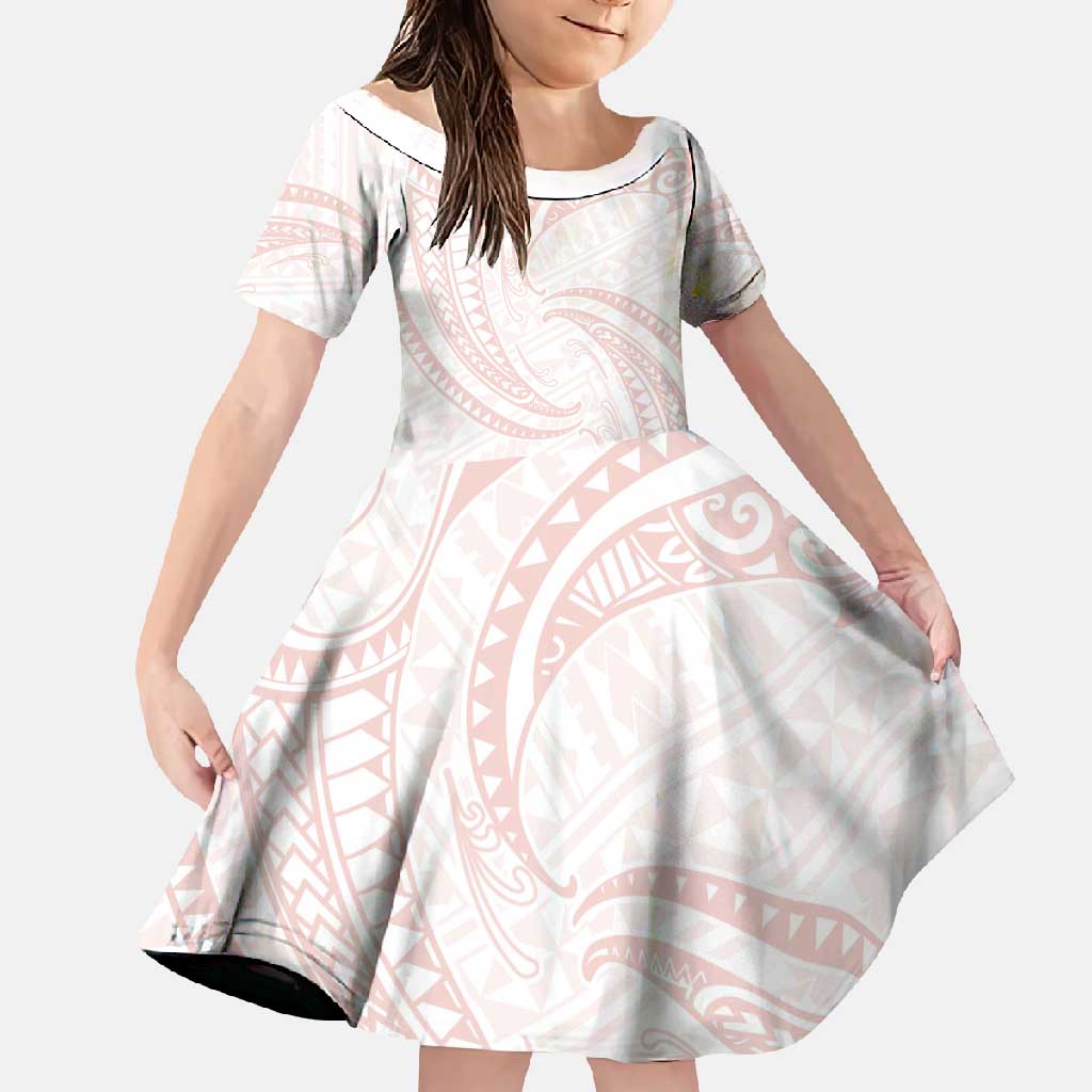 White Sunday Lotu Tamaiti Family Matching Tank Maxi Dress and Hawaiian Shirt Polynesian Wave Pastel Blush LT9 Daughter's Dress Blush - Polynesian Pride