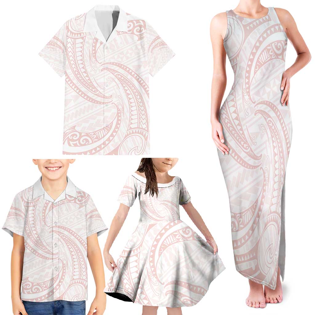 White Sunday Lotu Tamaiti Family Matching Tank Maxi Dress and Hawaiian Shirt Polynesian Wave Pastel Blush LT9 - Polynesian Pride