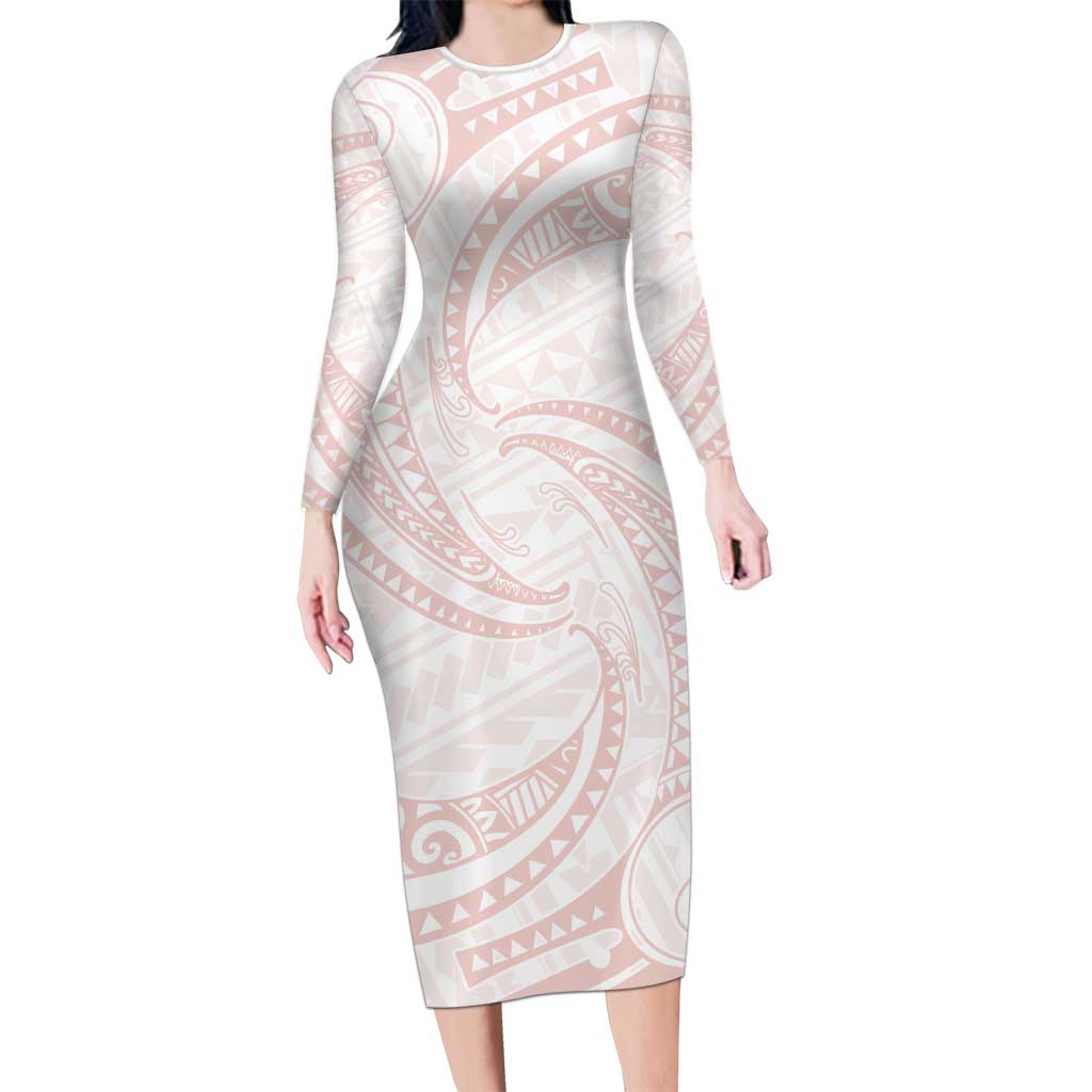 White Sunday Lotu Tamaiti Long Sleeve Bodycon Dress Polynesian Wave Pastel Blush - Polynesian Pride