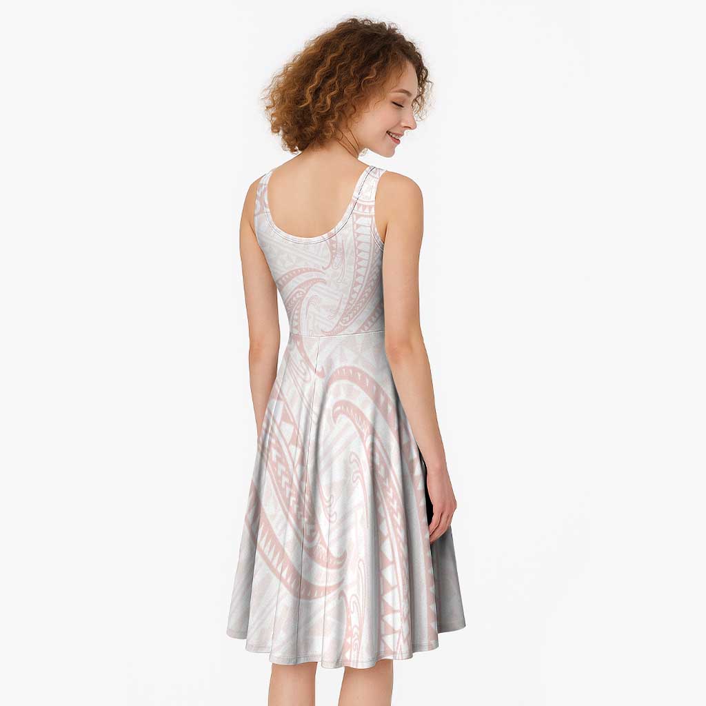 White Sunday Lotu Tamaiti Midi Dress Polynesian Wave Pastel Blush - Polynesian Pride