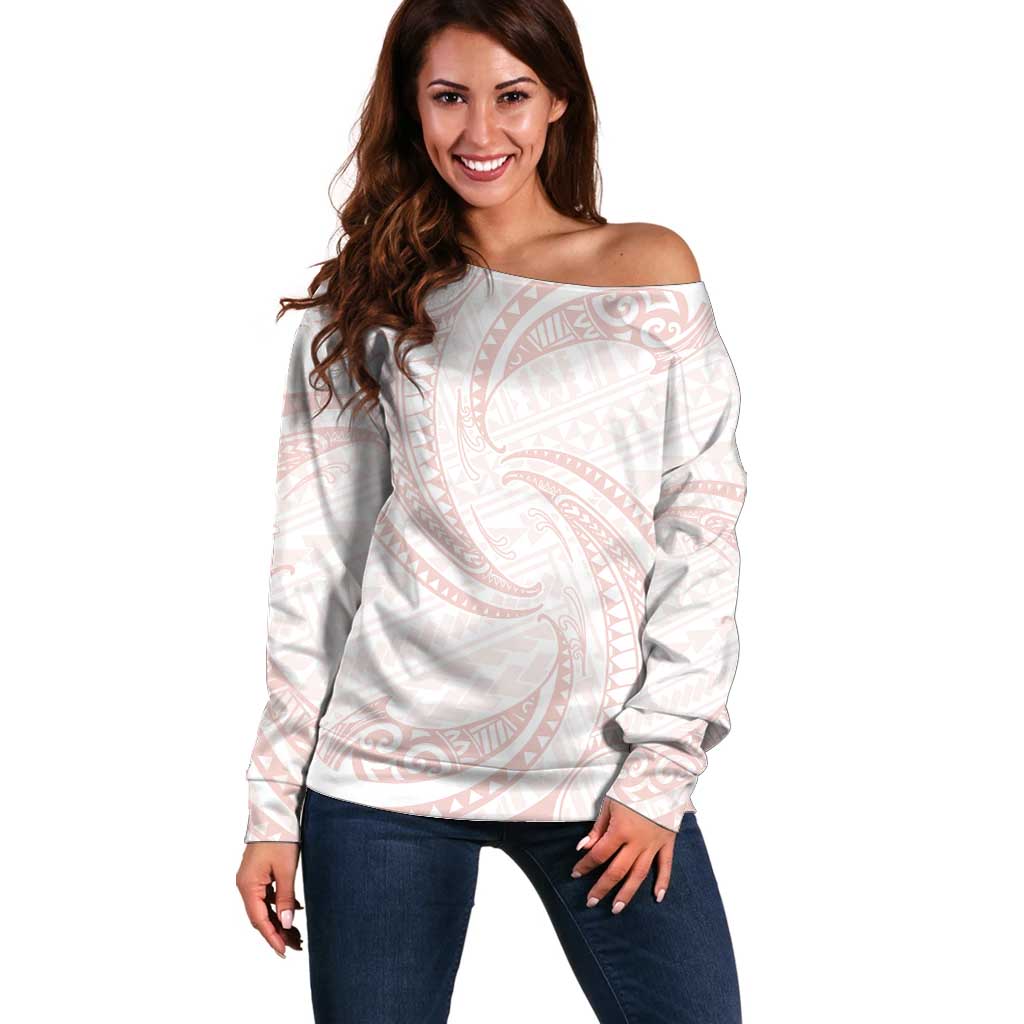 White Sunday Lotu Tamaiti Off Shoulder Sweater Polynesian Wave Pastel Blush LT9 Women Blush - Polynesian Pride