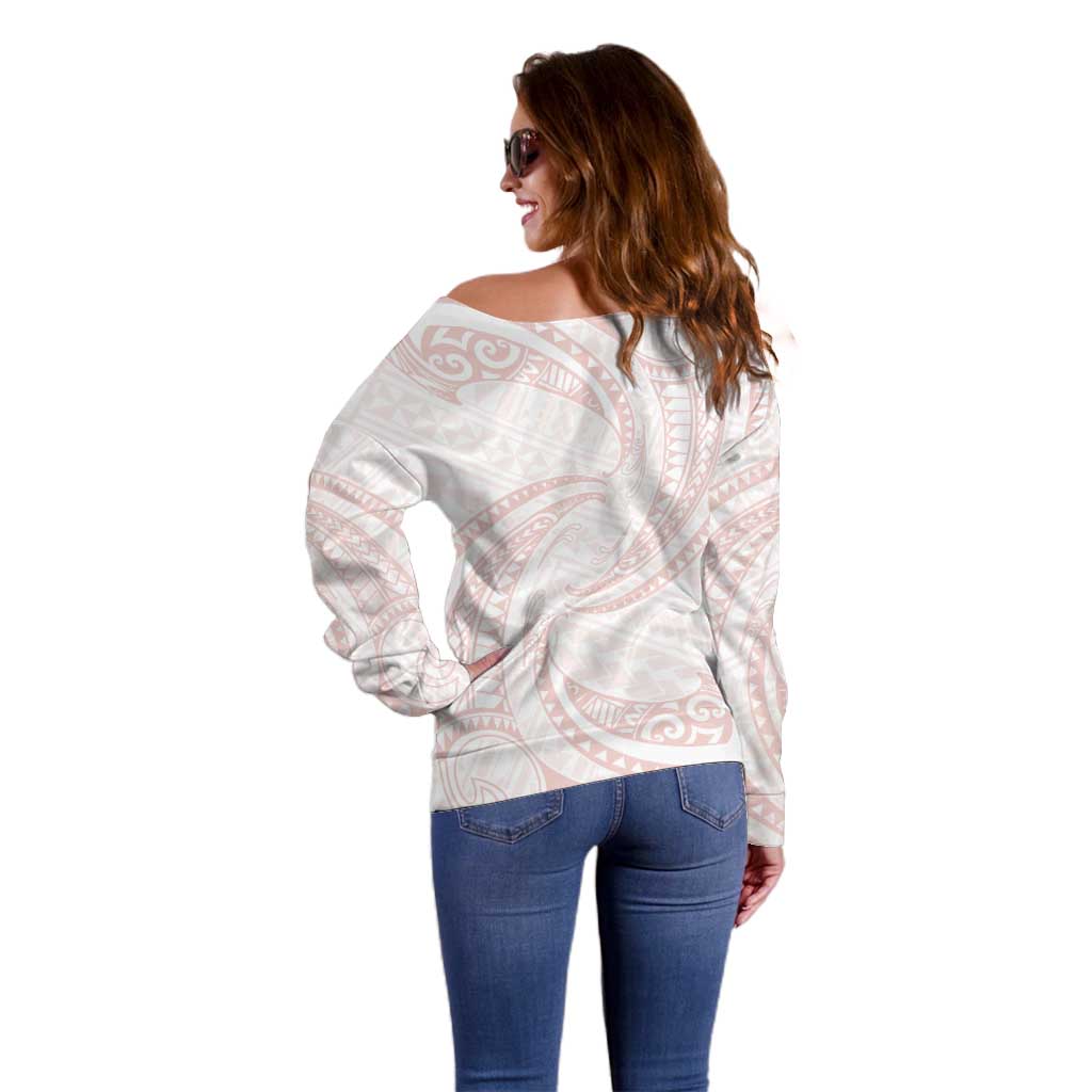 White Sunday Lotu Tamaiti Off Shoulder Sweater Polynesian Wave Pastel Blush - Polynesian Pride