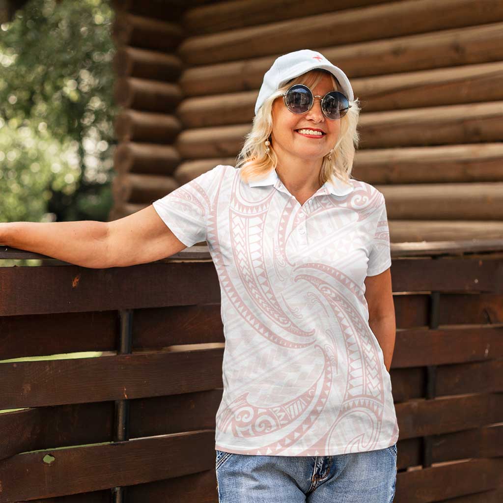 White Sunday Lotu Tamaiti Women Polo Shirt Polynesian Wave Pastel Blush - Polynesian Pride