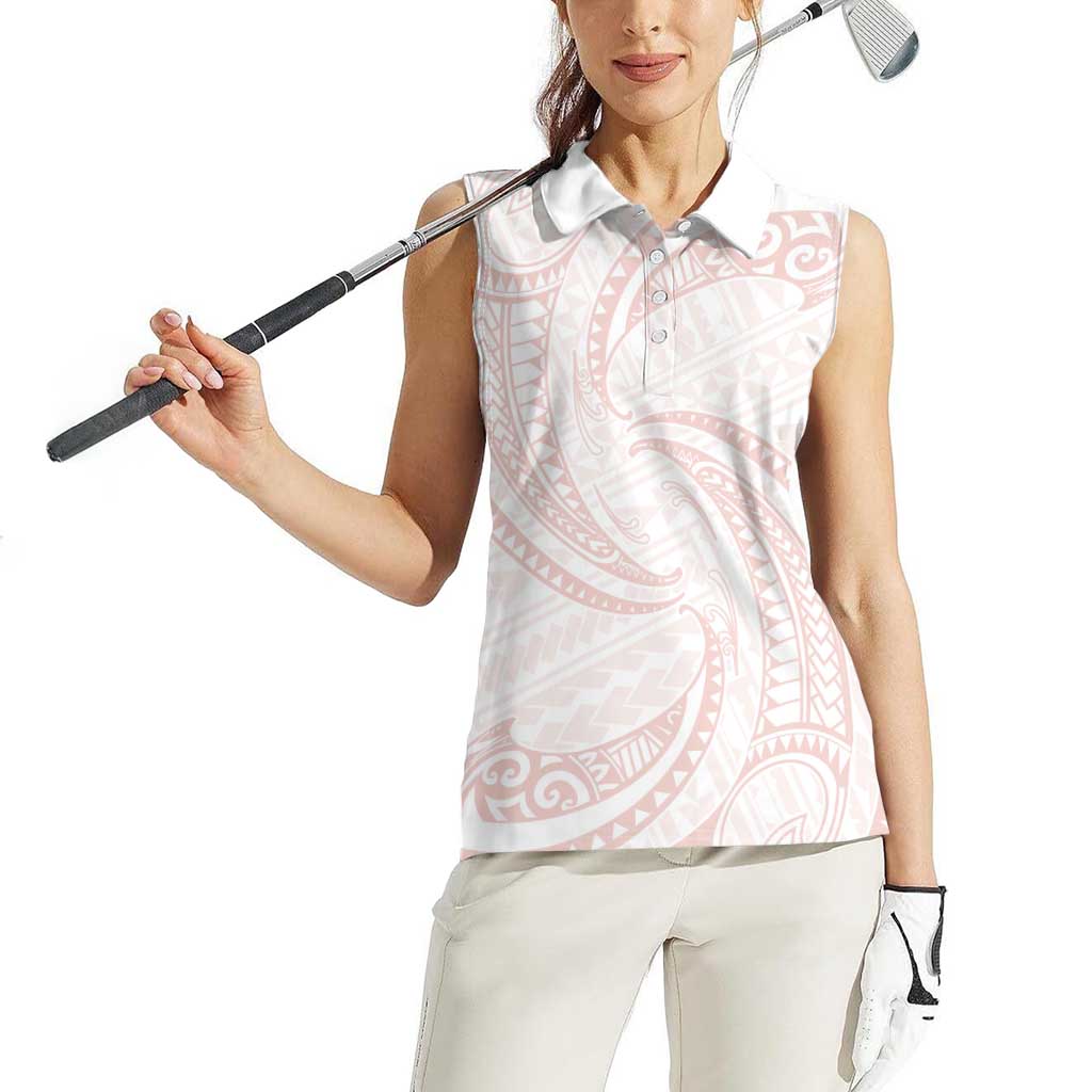 White Sunday Lotu Tamaiti Women Sleeveless Polo Shirt Polynesian Wave Pastel Blush - Polynesian Pride