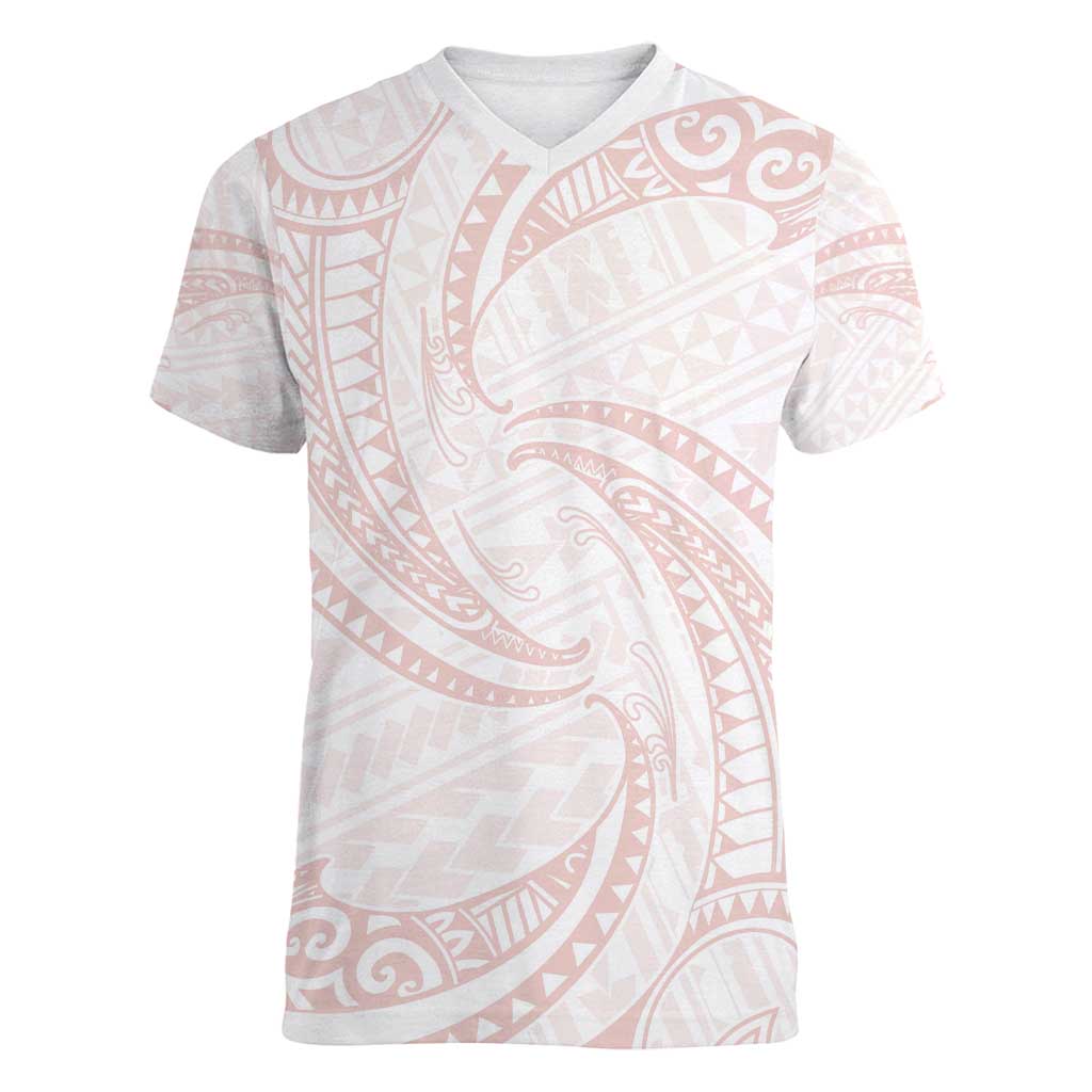 White Sunday Lotu Tamaiti Women V-Neck T-Shirt Polynesian Wave Pastel Blush - Polynesian Pride
