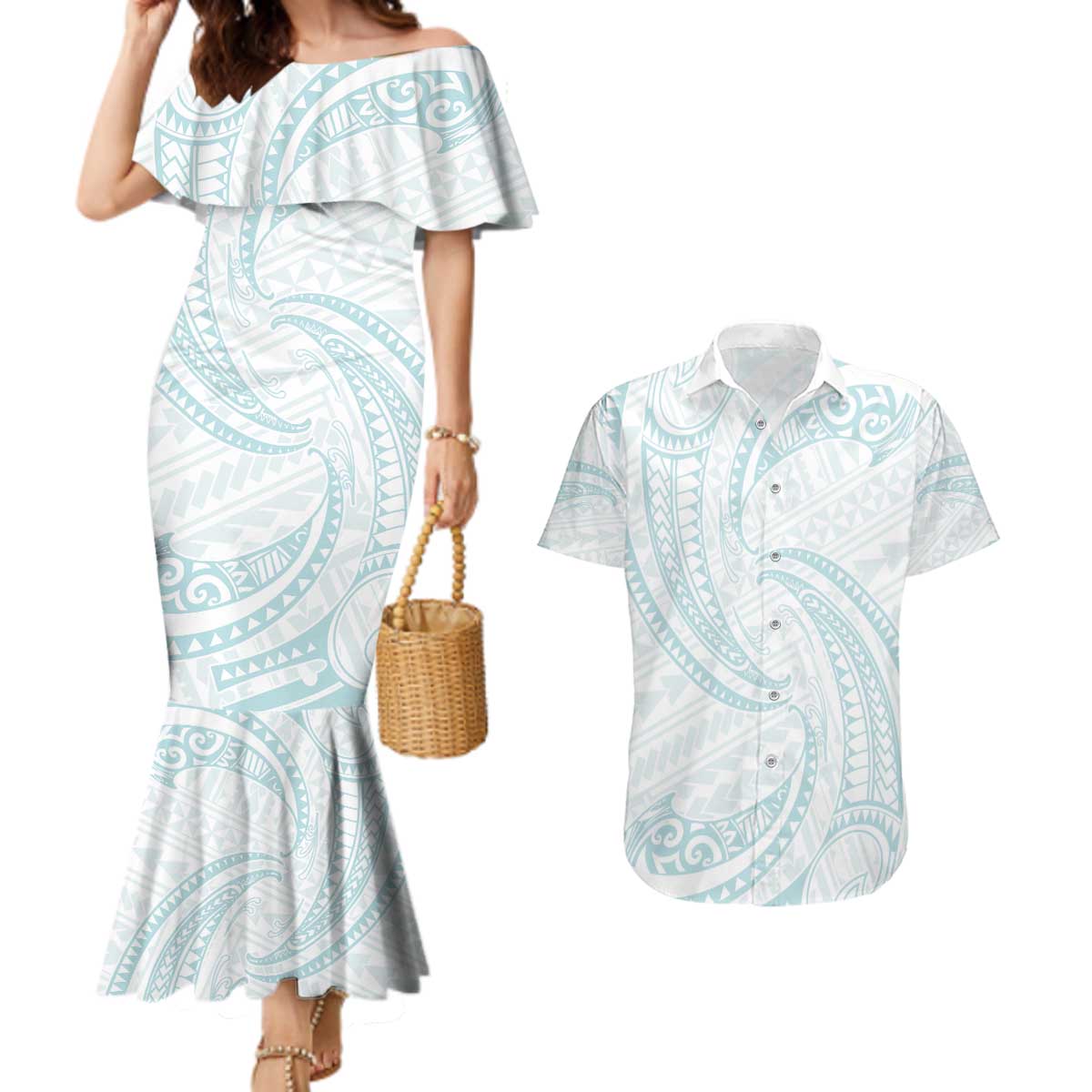 White Sunday Lotu Tamaiti Couples Matching Mermaid Dress and Hawaiian Shirt Polynesian Wave Pastel Cyan LT9 Cyan - Polynesian Pride