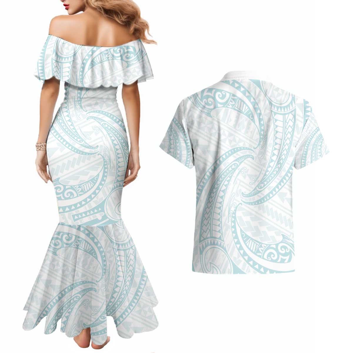White Sunday Lotu Tamaiti Couples Matching Mermaid Dress and Hawaiian Shirt Polynesian Wave Pastel Cyan LT9 - Polynesian Pride