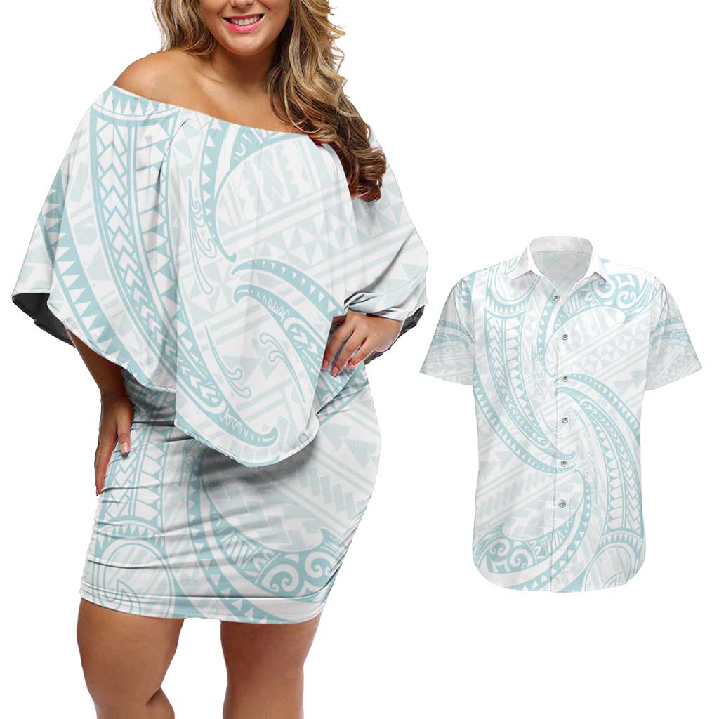 White Sunday Lotu Tamaiti Couples Matching Off Shoulder Short Dress and Hawaiian Shirt Polynesian Wave Pastel Cyan LT9 Cyan - Polynesian Pride