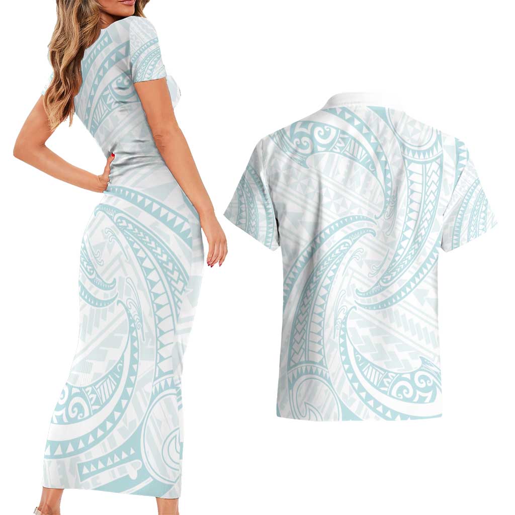 White Sunday Lotu Tamaiti Couples Matching Short Sleeve Bodycon Dress and Hawaiian Shirt Polynesian Wave Pastel Cyan LT9 - Polynesian Pride