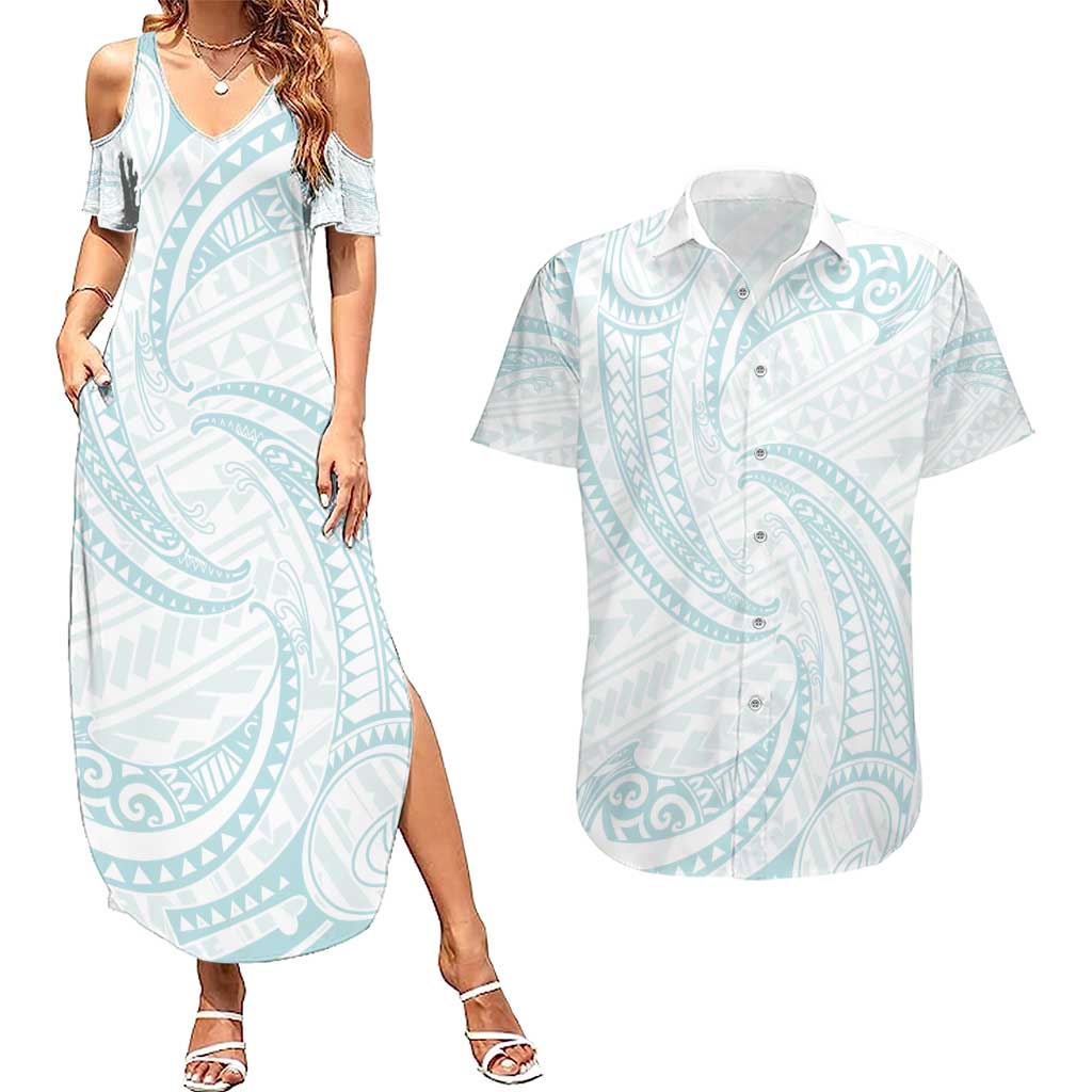 White Sunday Lotu Tamaiti Couples Matching Summer Maxi Dress and Hawaiian Shirt Polynesian Wave Pastel Cyan LT9 Cyan - Polynesian Pride