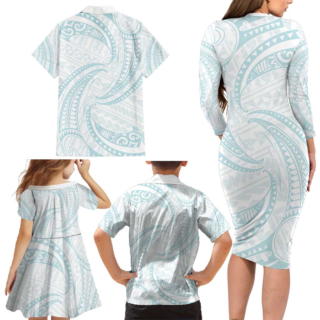 White Sunday Lotu Tamaiti Family Matching Long Sleeve Bodycon Dress and Hawaiian Shirt Polynesian Wave Pastel Cyan LT9 - Polynesian Pride