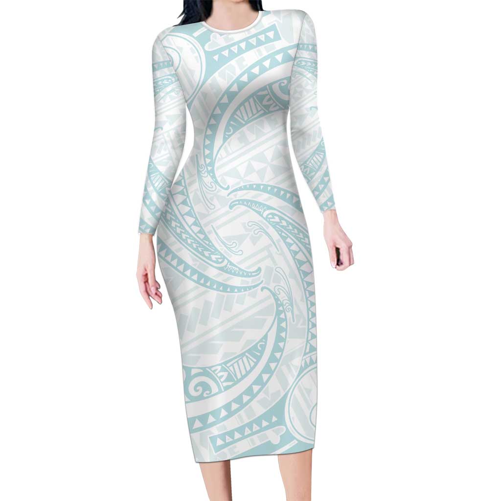 White Sunday Lotu Tamaiti Family Matching Long Sleeve Bodycon Dress and Hawaiian Shirt Polynesian Wave Pastel Cyan LT9 Mom's Dress Cyan - Polynesian Pride