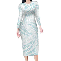White Sunday Lotu Tamaiti Family Matching Long Sleeve Bodycon Dress and Hawaiian Shirt Polynesian Wave Pastel Cyan LT9 Mom's Dress Cyan - Polynesian Pride