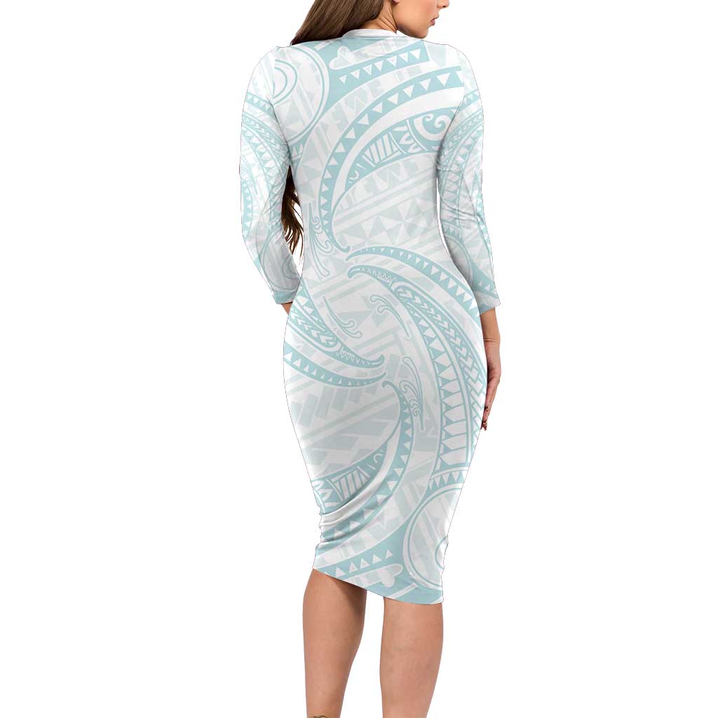White Sunday Lotu Tamaiti Family Matching Long Sleeve Bodycon Dress and Hawaiian Shirt Polynesian Wave Pastel Cyan LT9 - Polynesian Pride
